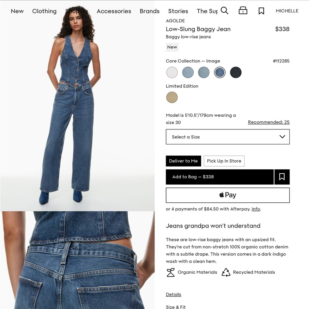 Agolde Low Slung Baggy denim, size 23, never worn